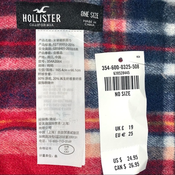 Hollister OS red, white & blue plaid soft Polyester/Viscose blend fringed scarf - Picture 10 of 16